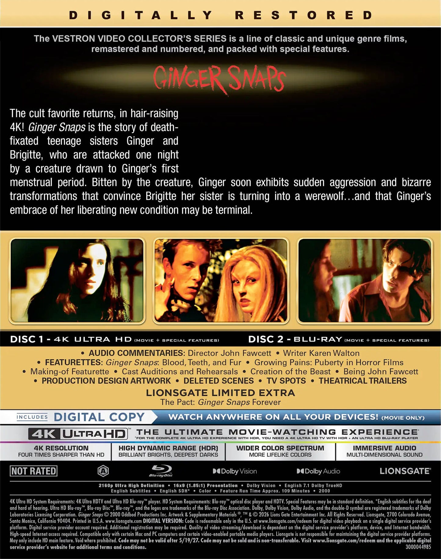 Ginger Snaps (Lionsgate Limited Exclusive/Vestron Collector's Series) [4K UHD] [US]